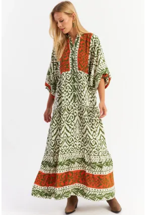 Kadın Turuncu-Haki Volanlı Maxi Elbise MALO11