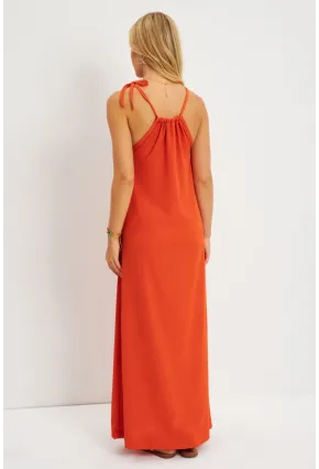 Kadın Turuncu Halter Yaka Bürümcük Midi Elbise EY2788