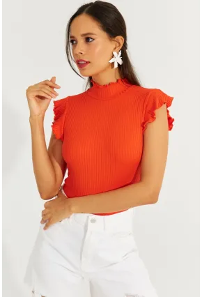 Kadın Turuncu Kolları Fırfırlı Fitilli Bluz TH1092