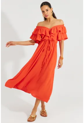 Kadın Turuncu Ön Arka V Volanlı Elbise KS113