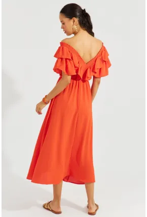 Kadın Turuncu Ön Arka V Volanlı Elbise KS113