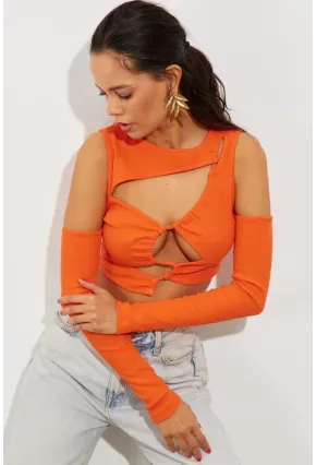 Kadın Turuncu Pencereli Kaşkorse Crop Bluz B2403