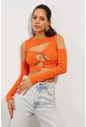 Kadın Turuncu Pencereli Kaşkorse Crop Bluz B2403