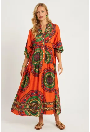 Kadın Turuncu-Yeşil Desenli Midi Elbise GÇ169