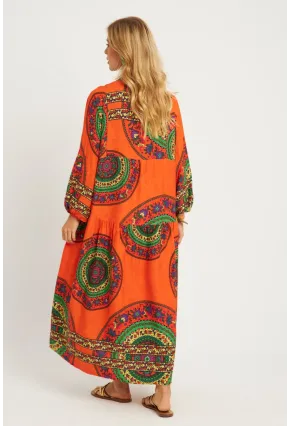 Kadın Turuncu-Yeşil Desenli Midi Elbise MGÇ169