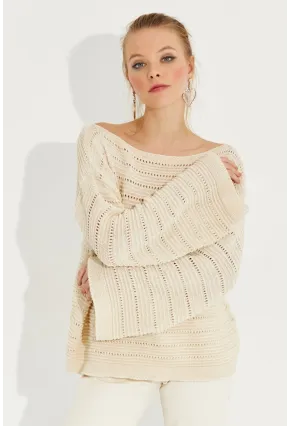 Kadın Vanilya Ajurlu Triko Bluz YV213