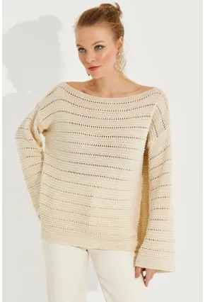 Kadın Vanilya Ajurlu Triko Bluz YV213
