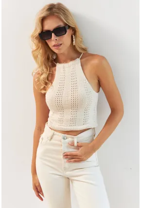 Kadın Vanilya Ayarlanabilir Boyunlu Triko Bluz MP20147