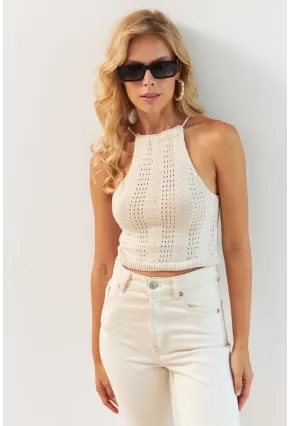 Kadın Vanilya Ayarlanabilir Boyunlu Triko Bluz MP20147