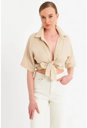 Kadın Vanilya Bağlamalı Keten Bluz BTH16