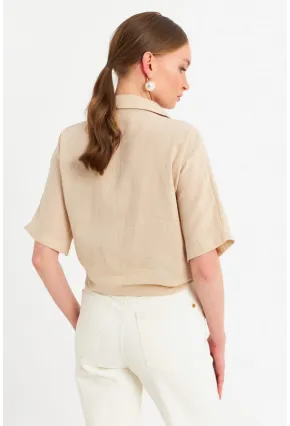 Kadın Vanilya Bağlamalı Keten Bluz BTH16