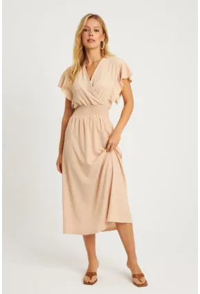Kadın Vanilya Bürümcük Kruvaze Midi Elbise XL2008