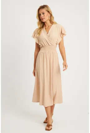 Kadın Vanilya Bürümcük Kruvaze Midi Elbise XL2008