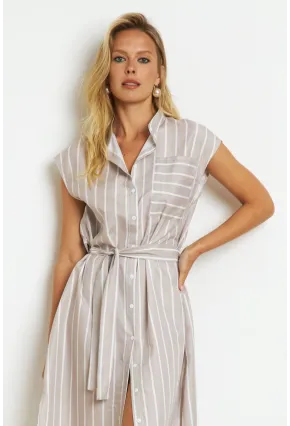 Kadın Vanilya Çizgili Midi Gömlek Elbise SF1000