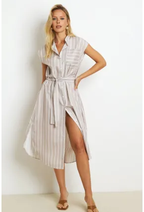 Kadın Vanilya Çizgili Midi Gömlek Elbise SF1000