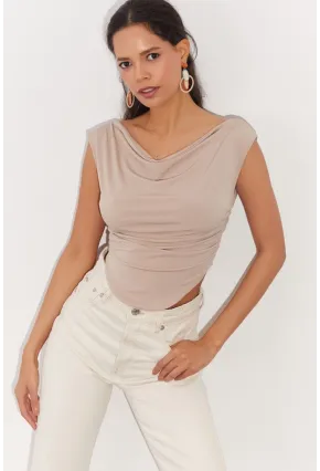 Kadın Vanilya Degaje Yaka Yanları Büzgülü Crop Bluz B2494