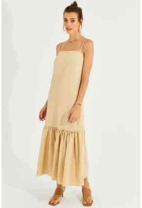 Kadın Vanilya Eteği Volanlı Askılı Midi Elbise MEN2001