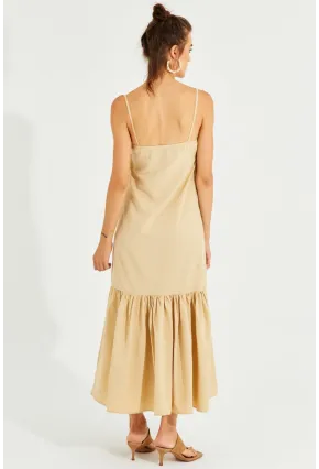 Kadın Vanilya Eteği Volanlı Askılı Midi Elbise MEN2001