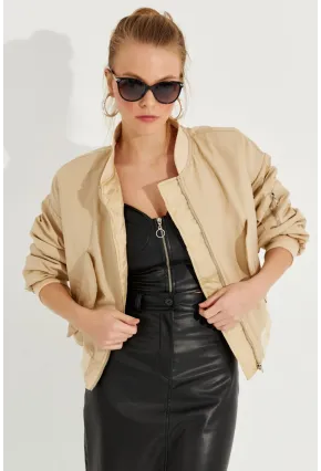 Kadın Vanilya Fermuarlı Bomber Mont QRS8367