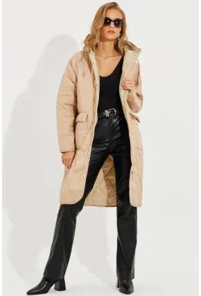 Kadın Vanilya Kapitone Fermuarlı Kapüşonlu Mont QRS8245