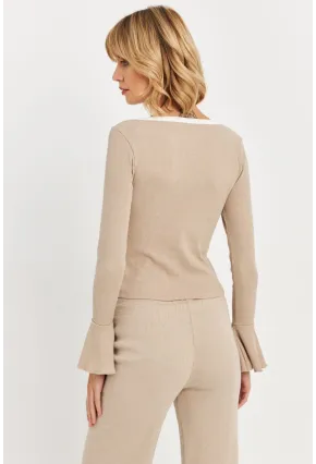 Kadın Vanilya Kontrast Yaka İspanyol Kol Bluz ALB3105