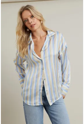 Kadın Vanilya-Mavi Desenli Saten Gömlek MSHR9