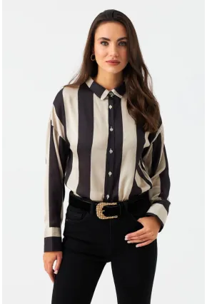 Kadın Vanilya-Siyah Desenli Saten Gömlek MSHR500