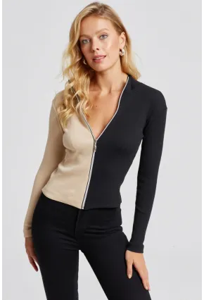 Kadın Vanilya-Siyah Renk Bloklu Kaşkorse Bluz EY2586