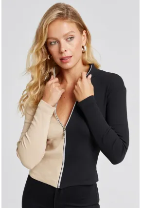 Kadın Vanilya-Siyah Renk Bloklu Kaşkorse Bluz EY2586