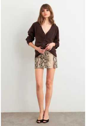 Kadın Vanilya-Siyah Suni Deri Yılan Desenli Mini Etek NH24475