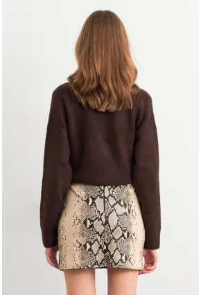 Kadın Vanilya-Siyah Suni Deri Yılan Desenli Mini Etek NH24475