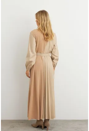 Kadın Vanilya Suni Deri Bloklu Pilili Maxi Elbise MALZ100