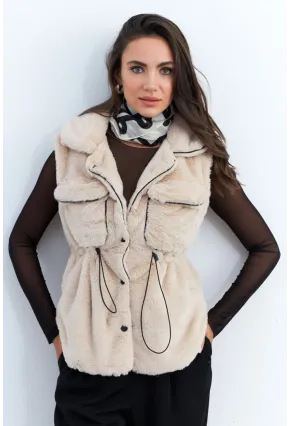 Kadın Vanilya Suni Kürk Cepli Yelek MK66