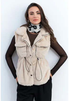 Kadın Vanilya Suni Kürk Cepli Yelek MK66