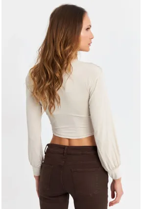 Kadın Vanilya V Yaka Büzgülü Crop Bluz SB309-90
