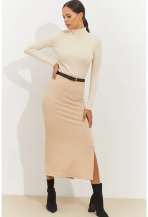 Kadın Vanilya Yandan Yırtmaçlı Midi Etek BK1600