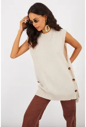 Kadın Vanilya Yanları Düğmeli Kolsuz Triko Tunik YV75