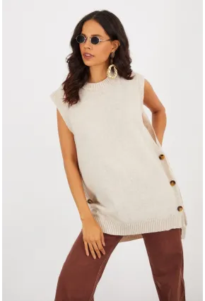 Kadın Vanilya Yanları Düğmeli Kolsuz Triko Tunik YV75