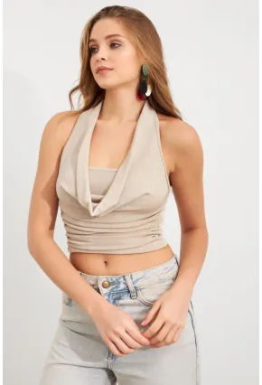 Kadın Vanilya Zincir Aksesuarlı Degaje Yaka Bluz MTK13443