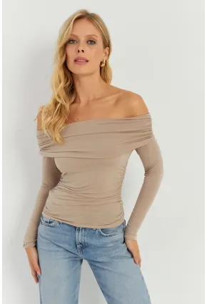 Kadın Vizon Büzgülü Madonna Bluz MON1119