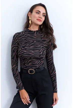 Kadın Vizon-Siyah Zebra Desenli Bluz LPP1275