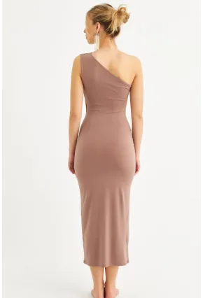 Kadın Vizon Tek Omuz Büzgülü Midi Elbise DMR294-90
