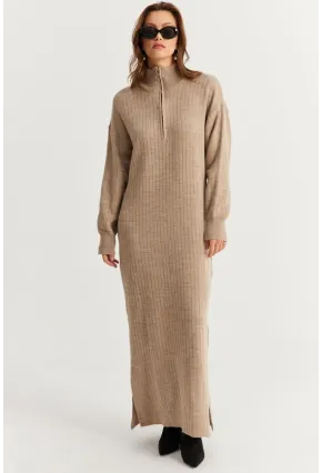 Kadın Vizon Yakası Fermuarlı Triko Maxi Elbise MNUV10