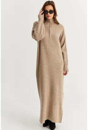 Kadın Vizon Yakası Fermuarlı Triko Maxi Elbise MNUV10