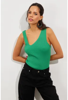 Kadın Yeşil Asimetrik Yaka Triko Bluz YV122