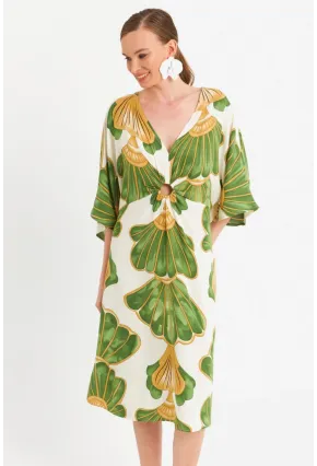 Kadın Yeşil-Beyaz Desenli Pencereli Midi Elbise Q1003