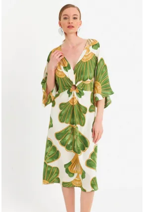 Kadın Yeşil-Beyaz Desenli Pencereli Midi Elbise Q1003