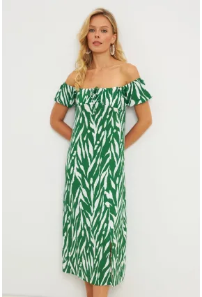 Kadın Yeşil Bürümcük Büzgülü Midi Elbise DY105