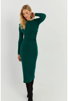Kadın Yeşil Büzgülü Buzi Midi Elbise KED147