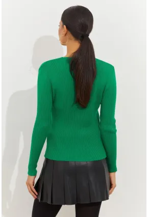 Kadın Yeşil Düğmeli Triko Bluz YV94